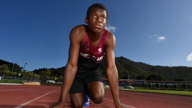 North Queensland sprint sensation Uwezo Lubenda, 15, on the red track at the Townsville Sports Reserve. Picture: Evan Morgan