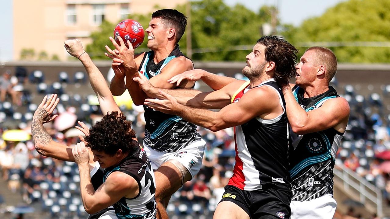 SHANGHAI, CHINA - JUNE 02: Ryan Burton of the Power and Josh Bruce of the Saints compete for the ball during the 2019 AFL round 11 match between the St Kilda Saints and the Port Adelaide Power at Jiangwan Stadium on June 02, 2019 in Shanghai, China. (Photo by Michael Willson/AFL Photos)