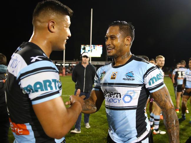 Cronulla's Fa'amanu Brown and Ben Barba celebrate victory after the Penrith v Cronulla rugby league game at Pepper Stadium, Penrith. Pic Brett Costello