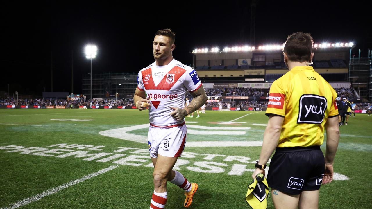 Tariq Sims may have played his last game for the Dragons, after being charged with a grade three careless high tackle. Picture: Getty Images.