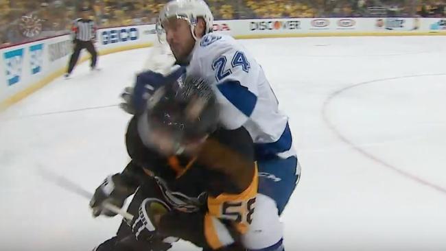 Kris Letang is sent flying into the glass by Ryan Callahan.