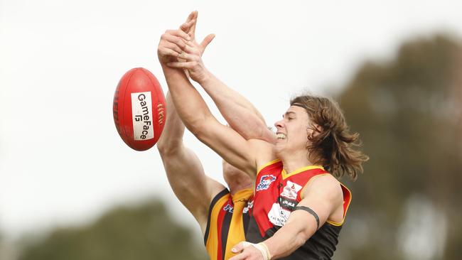 Southern FNL Div 1 football second-semi: Cheltenham v Dingley. Alex Windhager (Dingley) and Sean McLaren (Cheltenham). Picture: Valeriu Campan