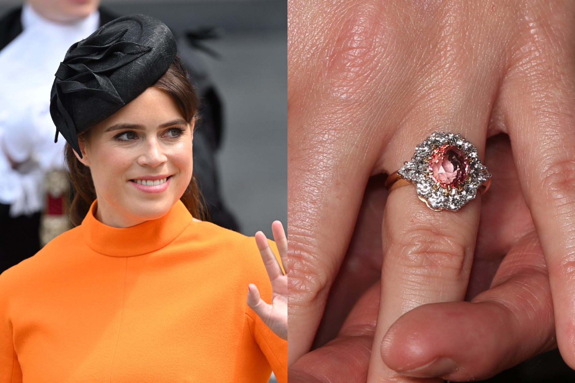 <h3><b>Princess Eugenie</b></h3><p>Princess Eugenie&rsquo;s coloured engagement ring isn&rsquo;t blue like Kate&rsquo;s, but features an oval-cut, pink-orange Padparadscha sapphire, encircled by a floral white diamond halo.&nbsp;</p>