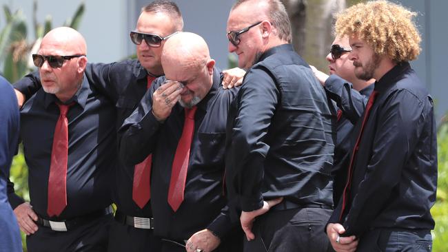 Friends and family attend the funeral of former Comanchero bikie Shane Ross at Southport Church of Christ. Pic of father Les Ross (middle with goatee) NO BYLINE PLEASE.