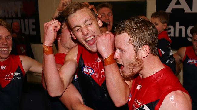 Oscar McDonald celebrating his first win as a Demon. Picture: Colleen Petch.