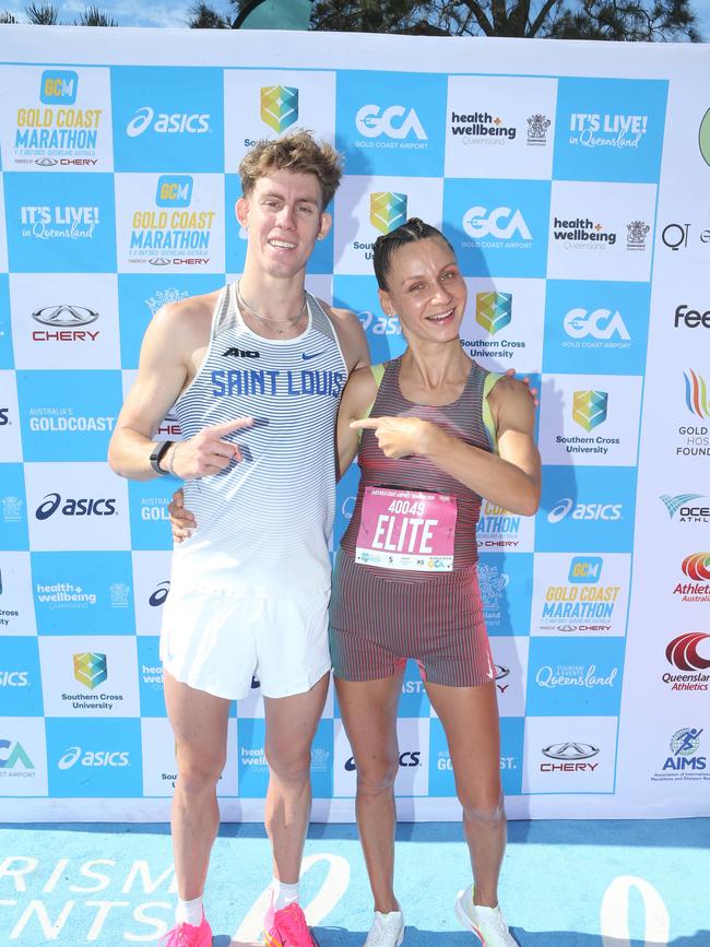 Gold Coast Marathon 2023 5km fun run winners HARRISON MARTINENKO and OLGA FIRSOVA 1 July 2023 Southport Picture by Richard Gosling