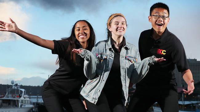 L-R Ariela Perez 18, Stella Fisher 17, Caleb Chin 14 some of the 46 members of the Boston Children's Chorus who will perform in Hobart as part of the Festival of Voices 2019.  Picture: NIKKI DAVIS-JONES