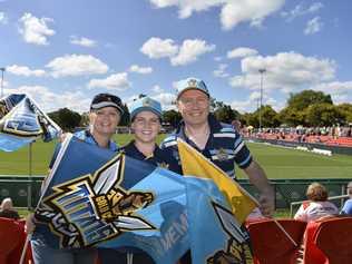 Gold Coast Titans fans (from left) Karen, Alex and Paul McDonald ready for the clash against St George Illawarra Dragons in NRL round 3 at Clive Berghofer Stadium, Sunday, March 25, 2018. Picture: Kevin Farmer