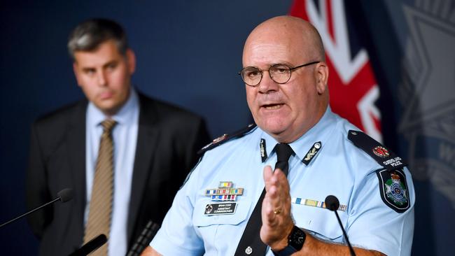 Assistant Commissioner Brian Codd and Police Minister Mark Ryan speak to the media at Police headquarters in Roma street. Thursday January 28, 2021. Picture, John Gass