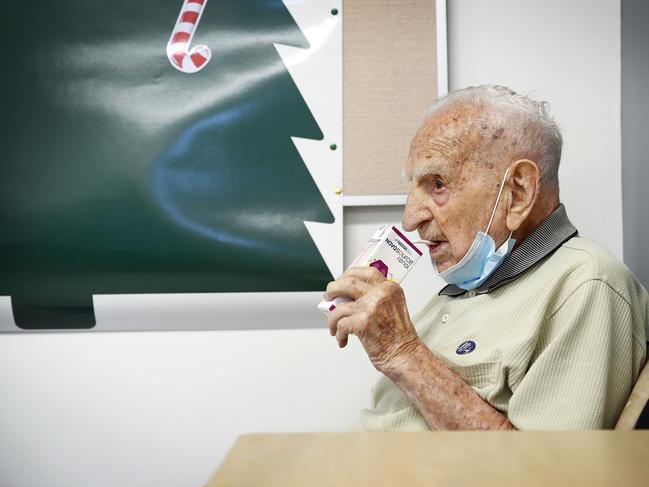 Bill Leis, 100, drinks a protein drink after a workout. Picture: Sam Ruttyn