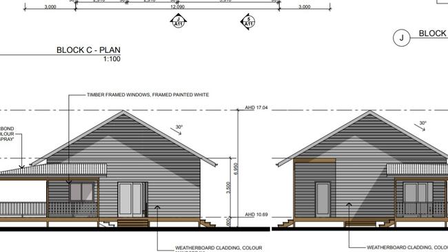 Plans for cabins to be built in a proposed new caravan park for a property in Dungay village.