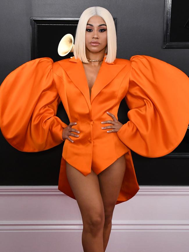 Hennessy Carolina attends the 61st Grammys in a puffy orange suit dress. Picture: Getty