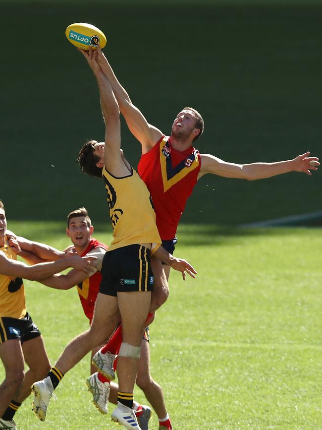 Fos Williams medallist Michael Knoll in the ruck against WA’s Corey Gault. Picture: Paul Kane/Getty Images