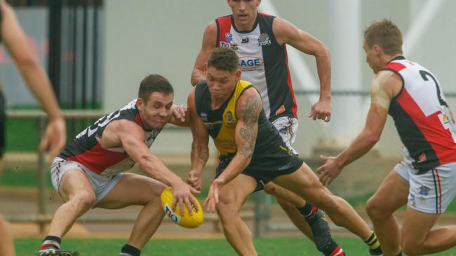 Billy Rolfe (L) and Phillip Wills in Round 12 NTFL: Nightcliff Tigers v Southern Districts Crocodiles at TIO Stadium. Picture GLENN CAMPBELL