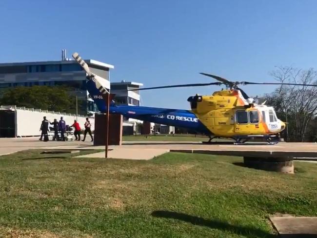 The 12-year-old shark victim arrives at Mackay Hospital this afternoon. Picture: Madura McCormack