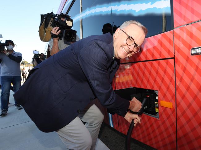 Labor leader Anthony Albanese tours an electric bus depot in the electorate of Moore on Saturday. Picture: Liam Kidston