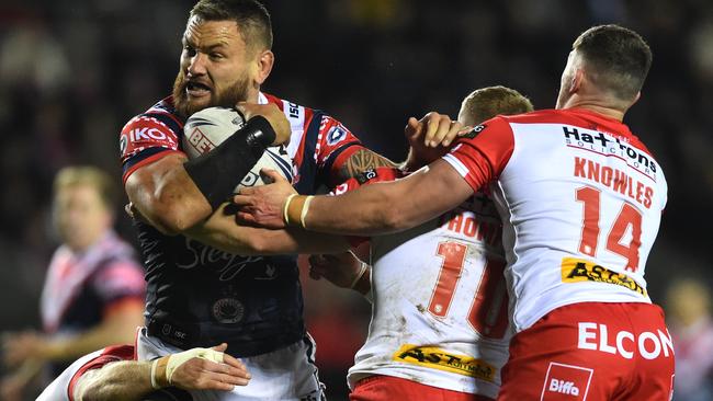 Jared Waerea-Hargreaves on the charge for Sydney Roosters. Picture: Nathan Stirk/Getty Images