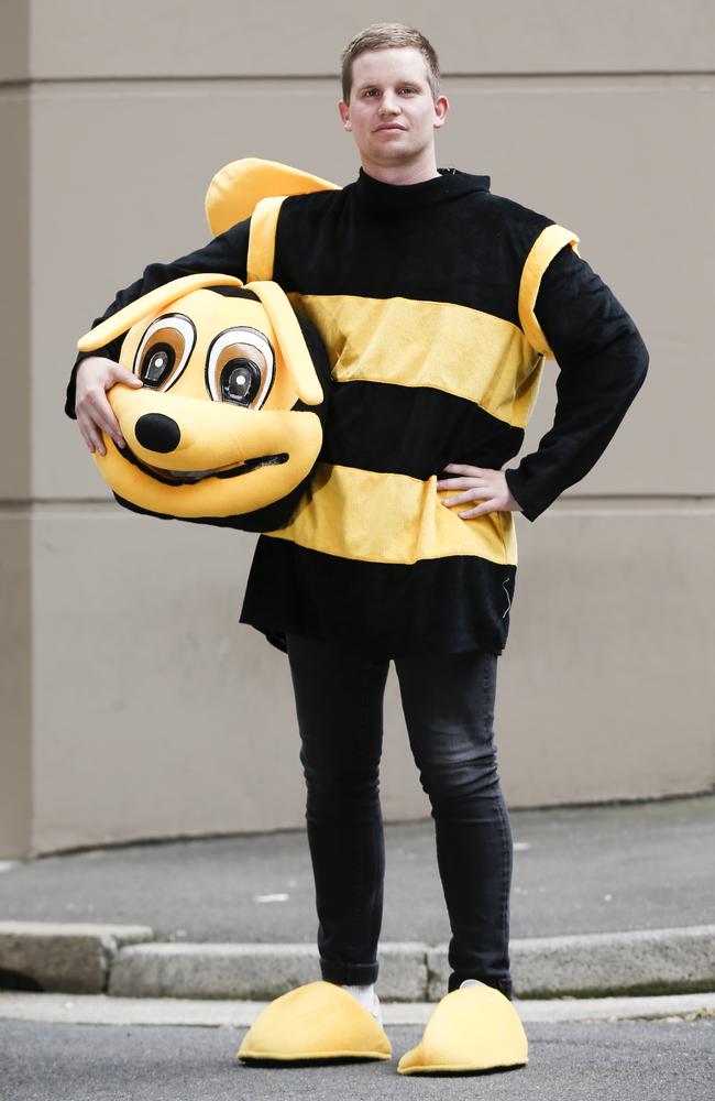 Daily Telegraph journalist Mitchell Van Homrigh in his bee costume during the Extinction Rebellion protest that moved from Hyde Park to Town Hall on Tuesday morning.