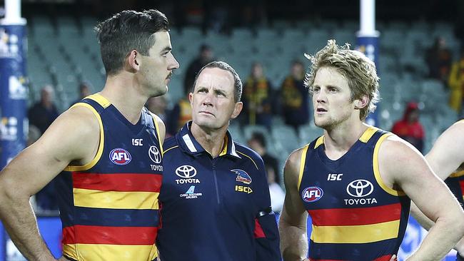 NO HOLDING BACK: Adelaide coach Don Pyke, middle, says Rory Sloane and Taylor Walker are both likely to take on Sydney on Friday night. Picture Sarah Reed