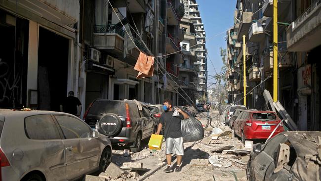 The aftermath of the explosions in the Beirut neighbourhood of Mar Mikhael. Picture: Patrick Baz/AFP