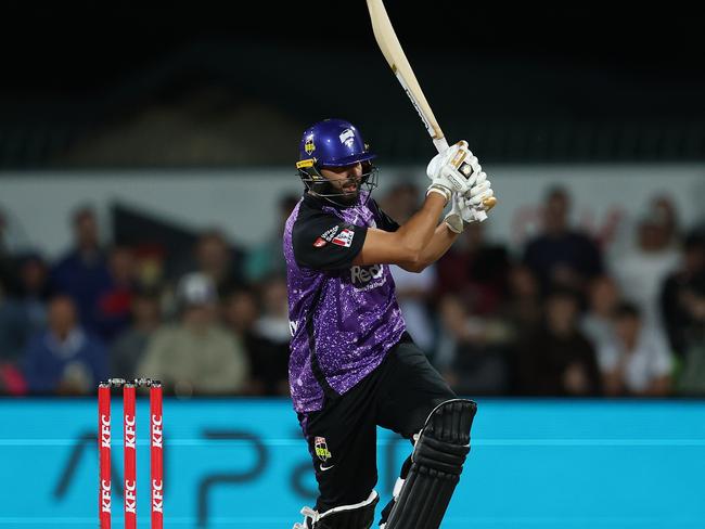 HOBART, AUSTRALIA - JANUARY 21: Nikhil Chaudhary of the Hurricanes bats during the BBL Qualifier match between Hobart Hurricanes and Sydney Sixers at Ninja Stadium on January 21, 2025 in Hobart, Australia. (Photo by Robert Cianflone/Getty Images)