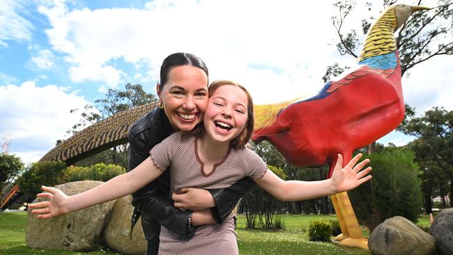 Victoria's big things. Ten years ago, Belinda was on the way to hospital but pulled over and gave birth at Gumbuya World Theme Park, under the Big Pheasant (known as Bruno). Her daughter Indie is now aged 10. Picture: Josie Hayden