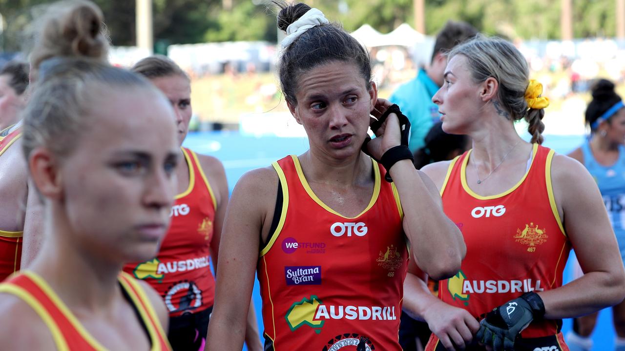 Hockeyroos players react after being defeated by Argentina in March 2020. Picture: AAP Image/Richard Wainwright