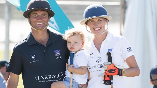 Rob Archibald and Francesca Cumani with son Harry at the 2017 Magic Millions Polo event.