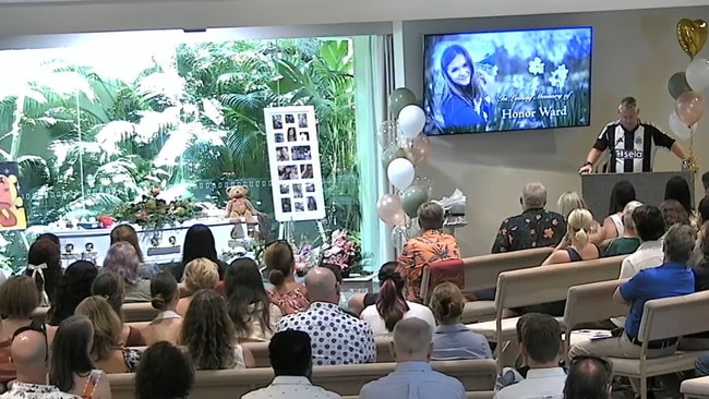 Steve Ward speaking at his daughter Honor's funeral. Picture: Gregson and Weight Funeral Directors livestream.