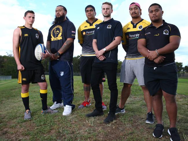 30/04/2018. (L-R) Adam Mackenzie, Rock Paulo, Willie Tooala, Campbell Hislop, Matthew Faoagali and Barry Scanlan. Rugby players from mixed grades pictured at their home ground in Penrith. Penrith Rugby Club has been cut from the Sydney competition, meaning there will be no Shute Shield team in western Sydney. Britta Campion/ The Australian