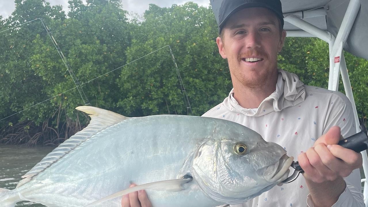 A nice golden trevally caught in the Cairns Trinity Inlet on a live bait with Fish Tales Charters. Picture: Darryl Wilson