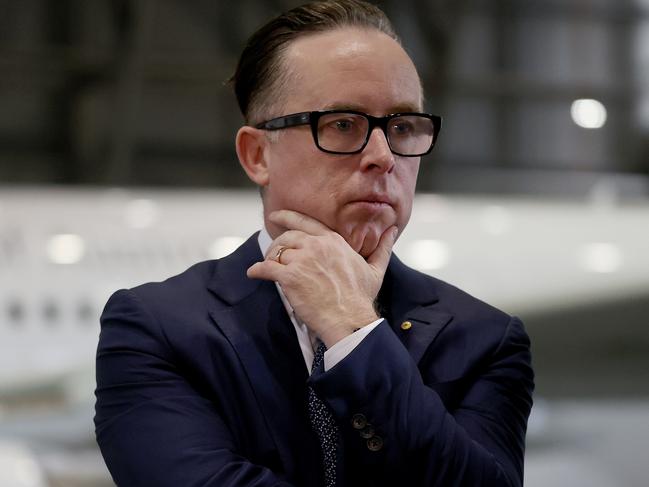 SYDNEY, AUSTRALIA - NewsWire Photos MARCH 11, 2021: Pictured Qantas CEO Alan Joyce during a press conference at Qantas Hangar 96 at Sydney Airport in Sydney NSW. Picture: NCA NewsWire / Dylan Coker