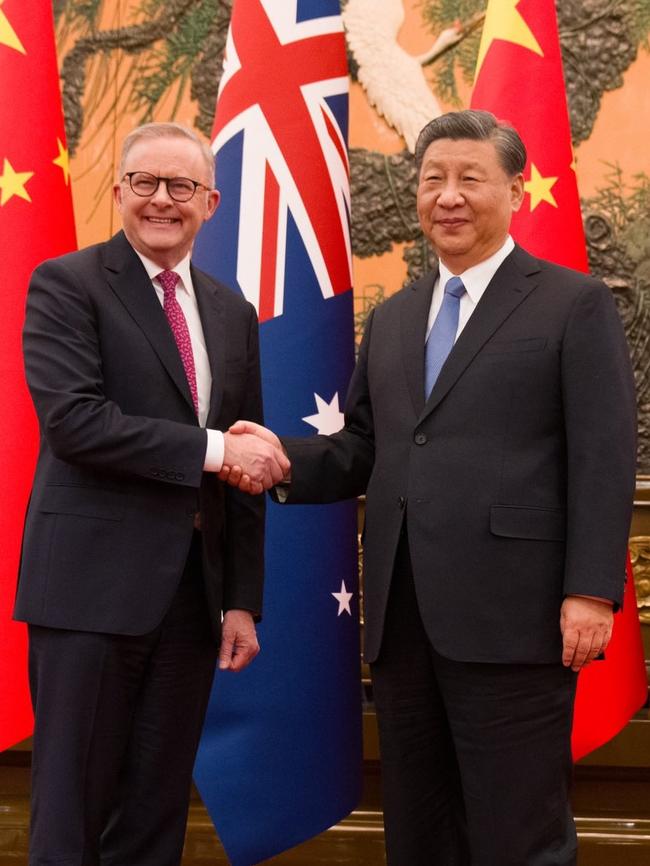 Australian Prime Minister Anthony Albanese meets with China's President Xi Jinping at the Great Hall of the People in Beijing on Monday.