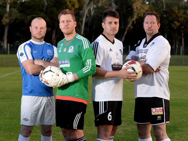 Modbury’s Dave Crowl and Paul Reilly, and Para Hills’ Matt Marchioro and Mark Harvey get ready for tonight’s FFA Cup clash. Picture: Noelle Bobrige