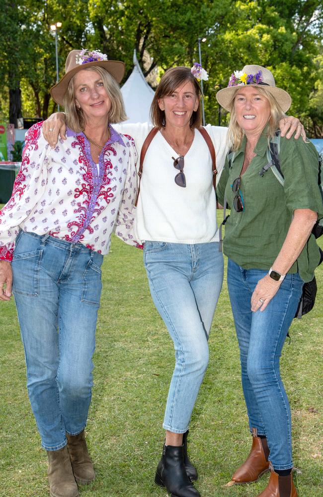 Maryanne Souter (left), Christine Archibald and Sharon Neumann at the Toowoomba Carnival of Flowers Festival of Food and Wine, Sunday, September 15, 2024. Picture: Bev Lacey