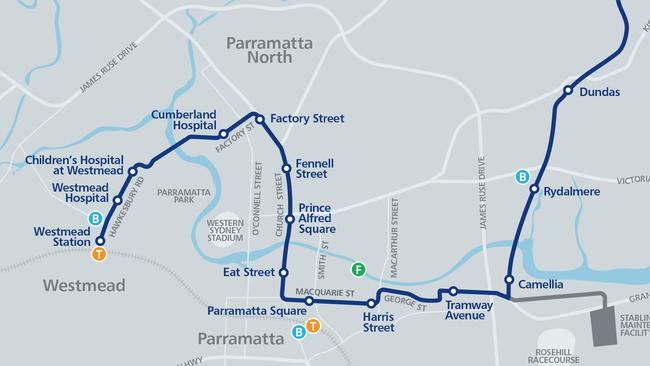 A map of Parramatta Light Rail showing stops including Eat St.