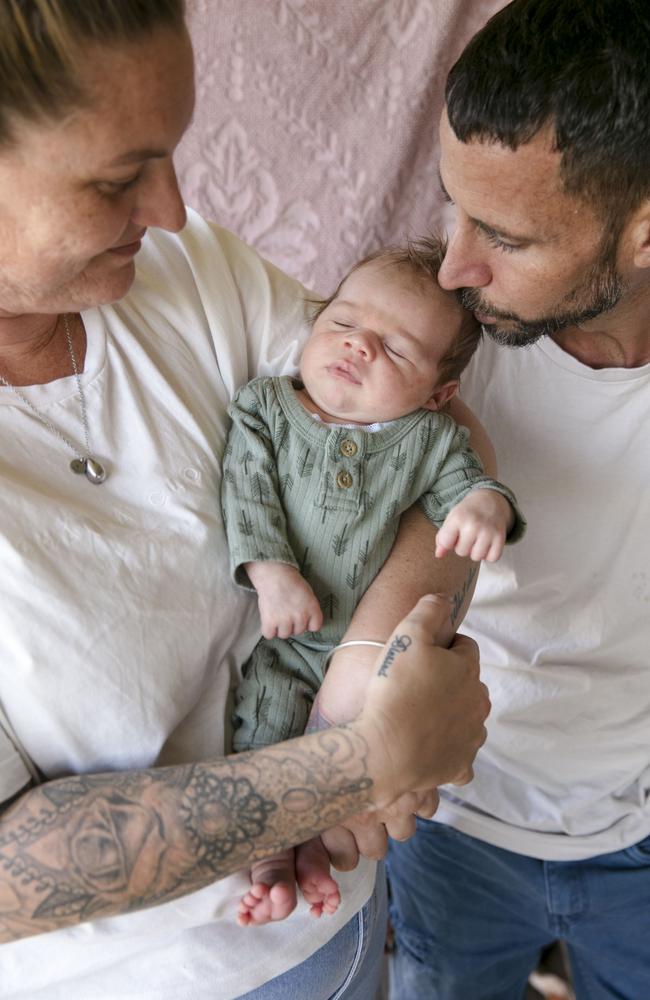 Jahnaya Mumford, Cliff Cleland and their baby boy Harlem. Picture: Brendan Beirne