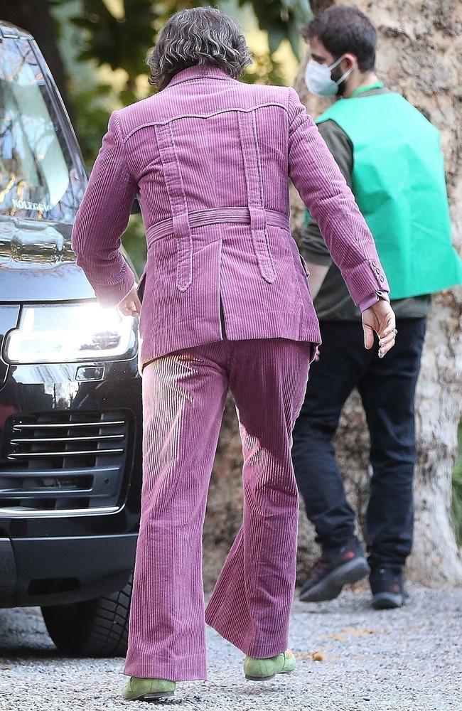 Leto donned a purple corduroy suit and what appear to be signature green Gucci loafers for the scene. Picture: Divi Mirk/Backgrid.