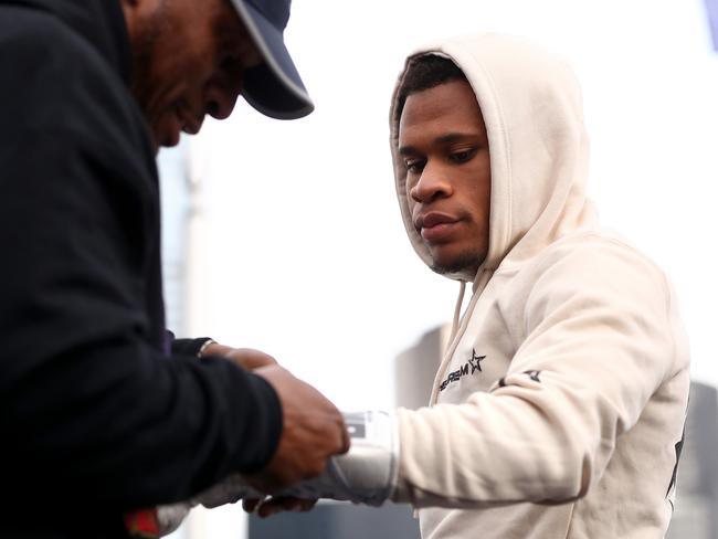 MELBOURNE, AUSTRALIA - JUNE 02: Devin Haney prepares during a public training session ahead of the World Lightweight Championship, at Federation Square on June 02, 2022 in Melbourne, Australia. (Photo by Kelly Defina/Getty Images)