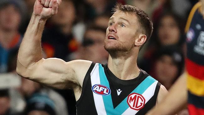 ADELAIDE, AUSTRALIA - AUGUST 20: Robbie Gray of the Power celebrates a goal during the 2022 AFL Round 23 match between the Port Adelaide Power and the Adelaide Crows at Adelaide Oval on August 20, 2022 in Adelaide, Australia. (Photo by Sarah Reed/AFL Photos via Getty Images)