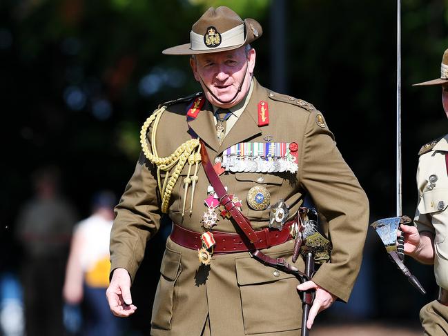 The Governor General of Australia Sir Peter Cosgrove AK, MC (RetÕd) is seen talking during the Consecration and Presentation of Colours Parade for the Australian ArmyÕs 5th Battalion, the Royal Australian Regiment at the Cenotaph, Bicentennial Park, the Esplanade, Saturday, June 1, 2019. Picture: Keri Megelus