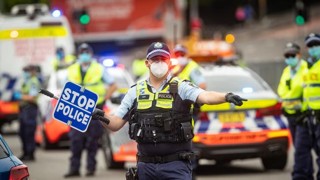 Police are out in force in Rozelle to stop planned marches. Picture: Julian Andrews