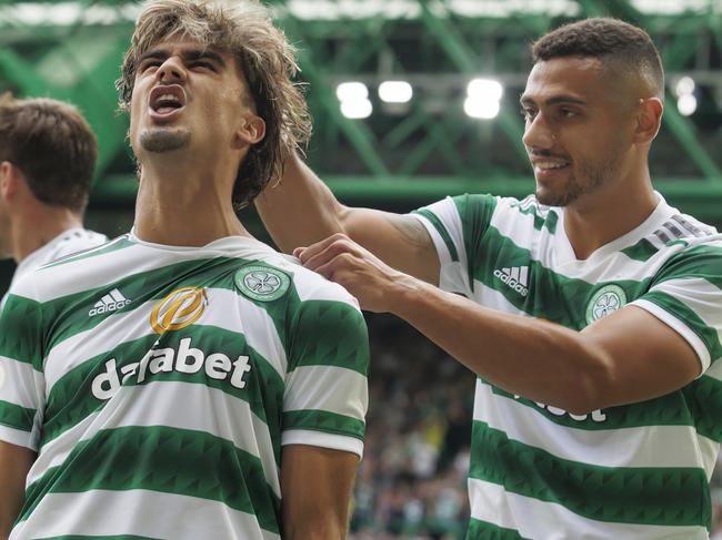 GLASGOW, SCOTLAND - JULY 31: Joao Jota of Celtic celebrates his side's second goal with Liel Abada during the Cinch Scottish Premiership match between Celtic FC and Aberdeen FC at Celtic Park on July 31, 2022 in Glasgow, United Kingdom. (Photo by Steve Welsh/Getty Images)