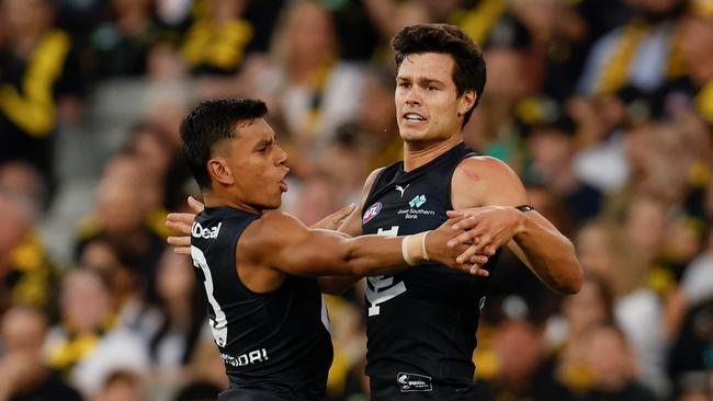 Jack Silvagni celebrated his 100th game milestone in Round 1. (Photo by Michael Willson/AFL Photos via Getty Images)