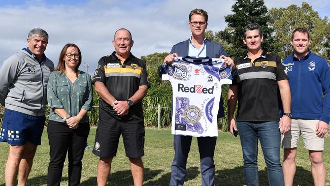 RUGBY LEAGUE: Melbourne Storm making an announcement about their future on the Coast. Frank Ponissi, Danielle Smith, Ashley Robinson, Justin Rodski, Chris Flannery and Tim Glasby. Picture: Patrick Woods.