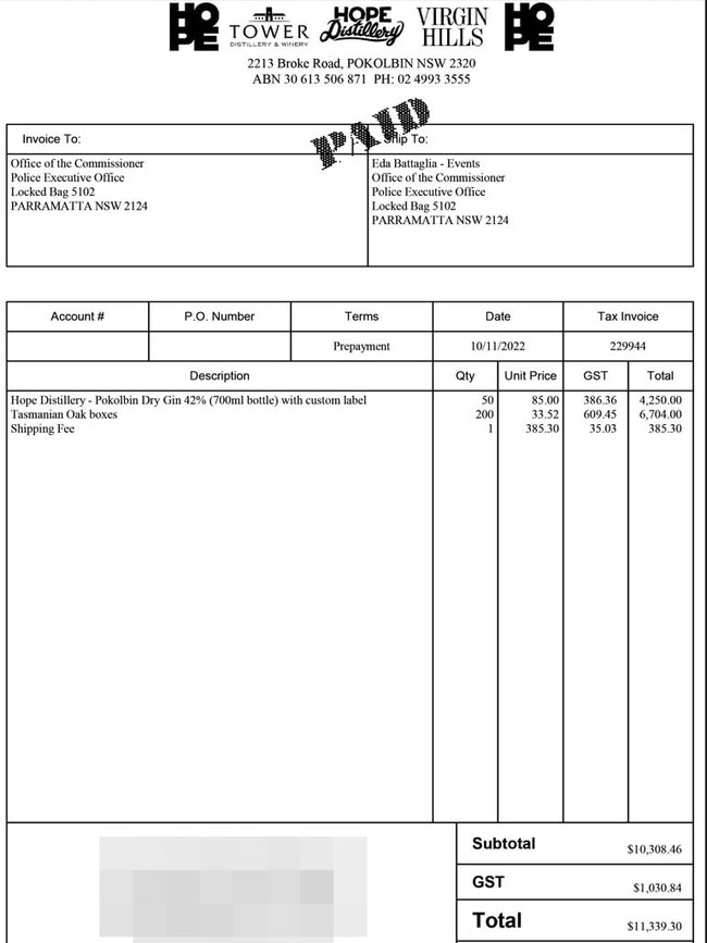 A copy of the original invoice for 50 bottles of gin.