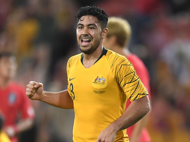 BRISBANE, AUSTRALIA - NOVEMBER 17: Massimo Luongo of Australia celebrates scoring his teams first goal during the International Friendly match between the Australian Socceroos and Korea Republic at Suncorp Stadium on November 17, 2018 in Brisbane, Australia. (Photo by Albert Perez/Getty Images)