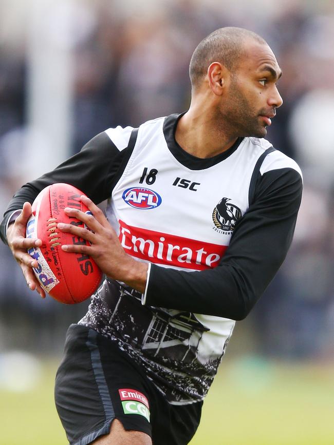 Travis Varcoe on the burst at Collingwood training this week. Picture: Michael Dodge/Getty Images