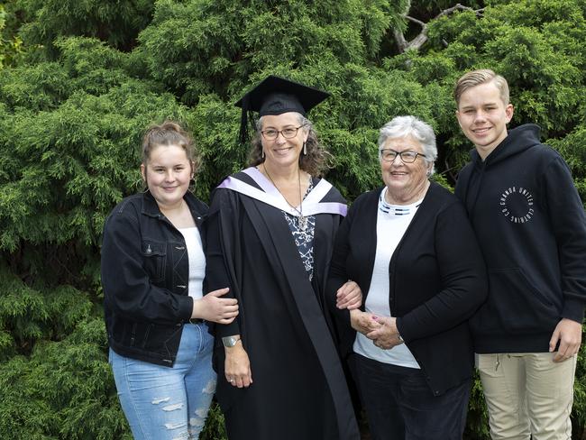 Eliza Pedersen, Jodie Wise, Dianne Wise and Isaac Pedersen at the UTAS Graduation at Launceston. PICTURE CHRIS KIDD
