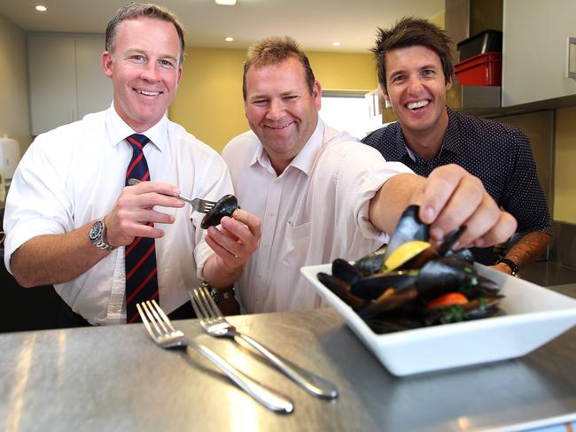 Tasmanian Liberal leader Will Hodgman MP and Braddon Liberal Adam Brooks sample mussels with Chef Ben Milbourne at Ghost Rock Vineyard in Northdown, Ben will host a new television series titled 